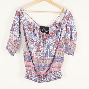 Blue Life Made In Sunny California Cold Shoulder Paisley Floral Blue Top XS